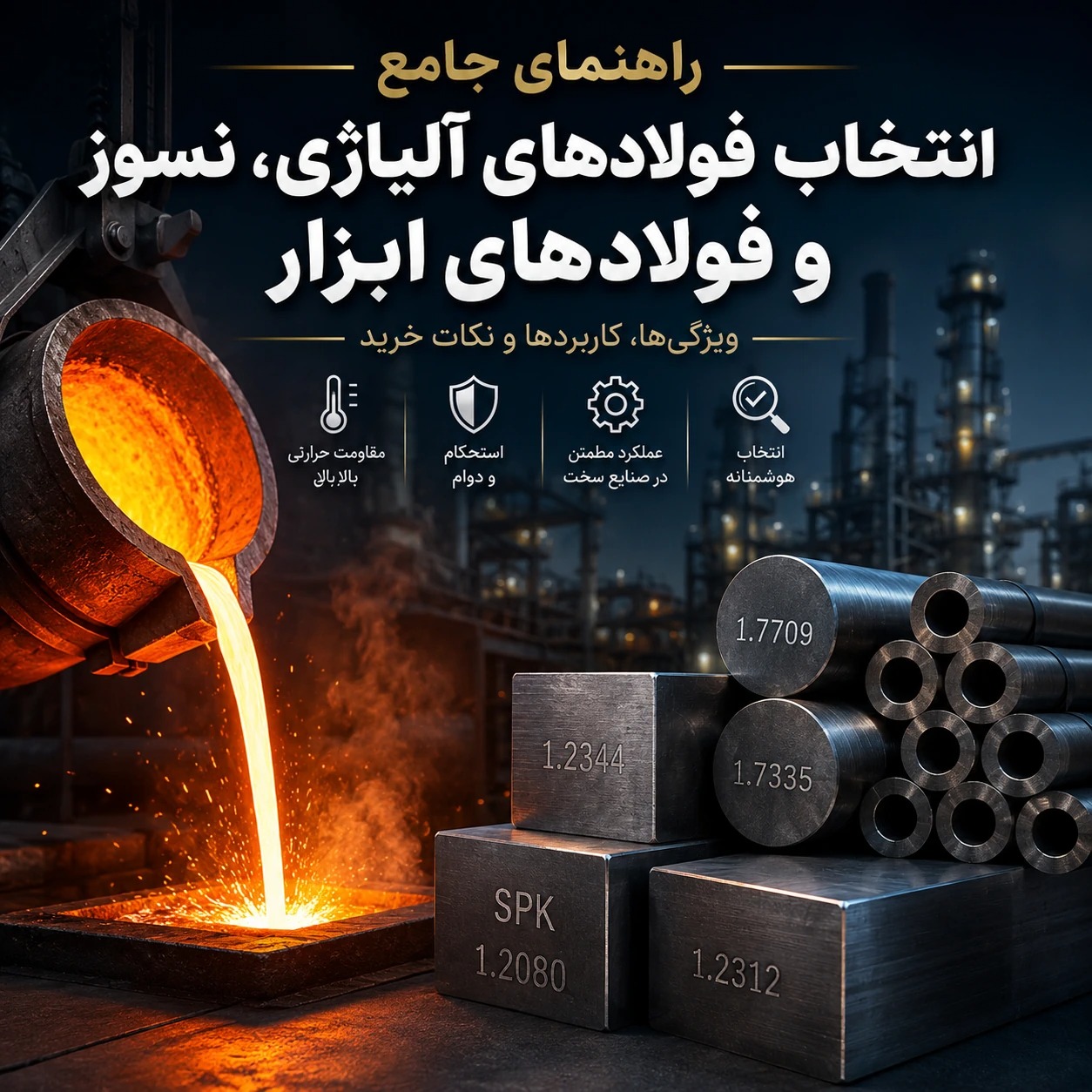 راهنمای جامع انتخاب، آنالیز و کاربرد فولادهای آلیاژی، نسوز و فولادهای ابزار در صنایع دما بالا، قالب‌سازی و ماشین‌سازی
