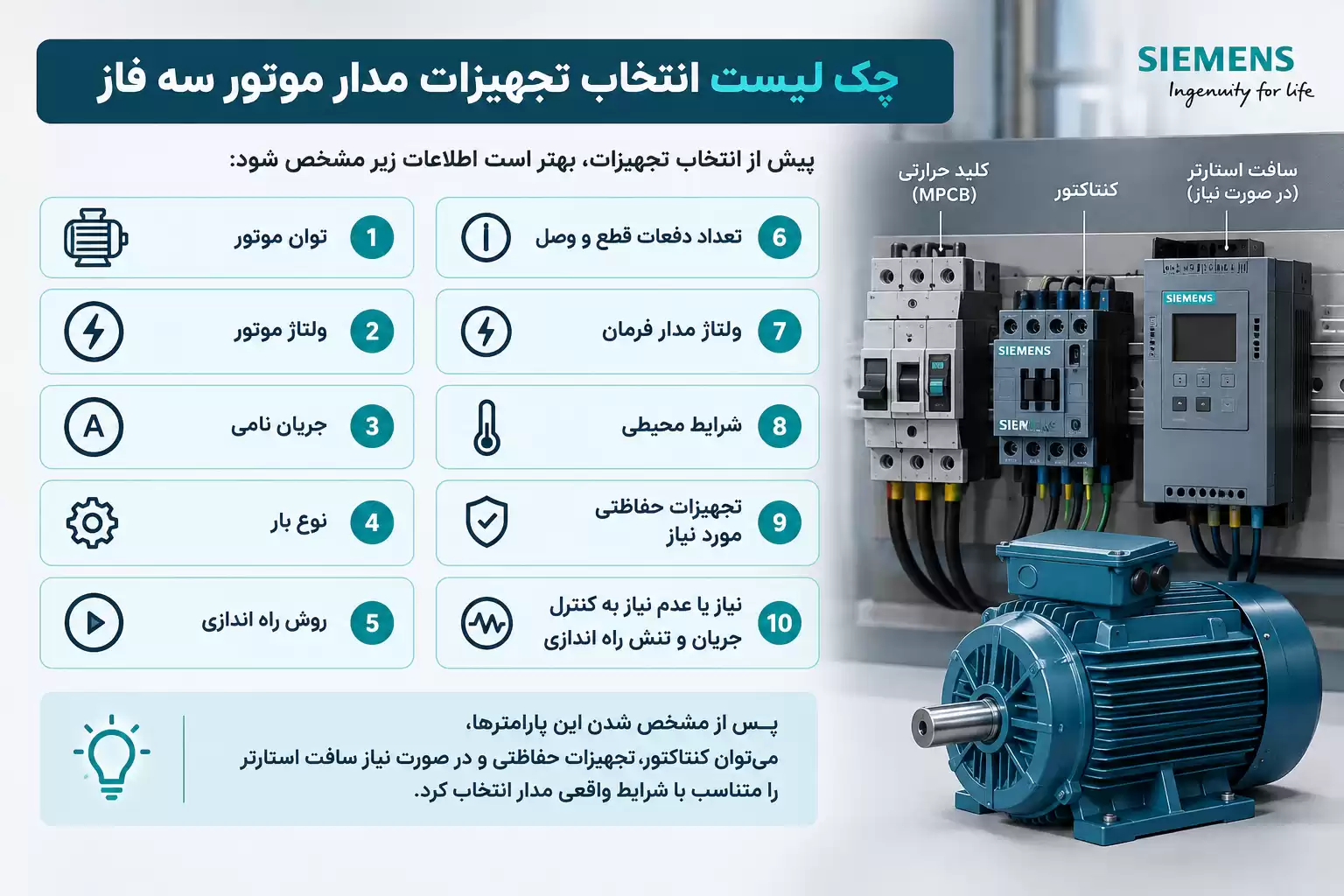 چک لیست انتخاب تجهیزات مورد نیاز برای موتور سه فاز