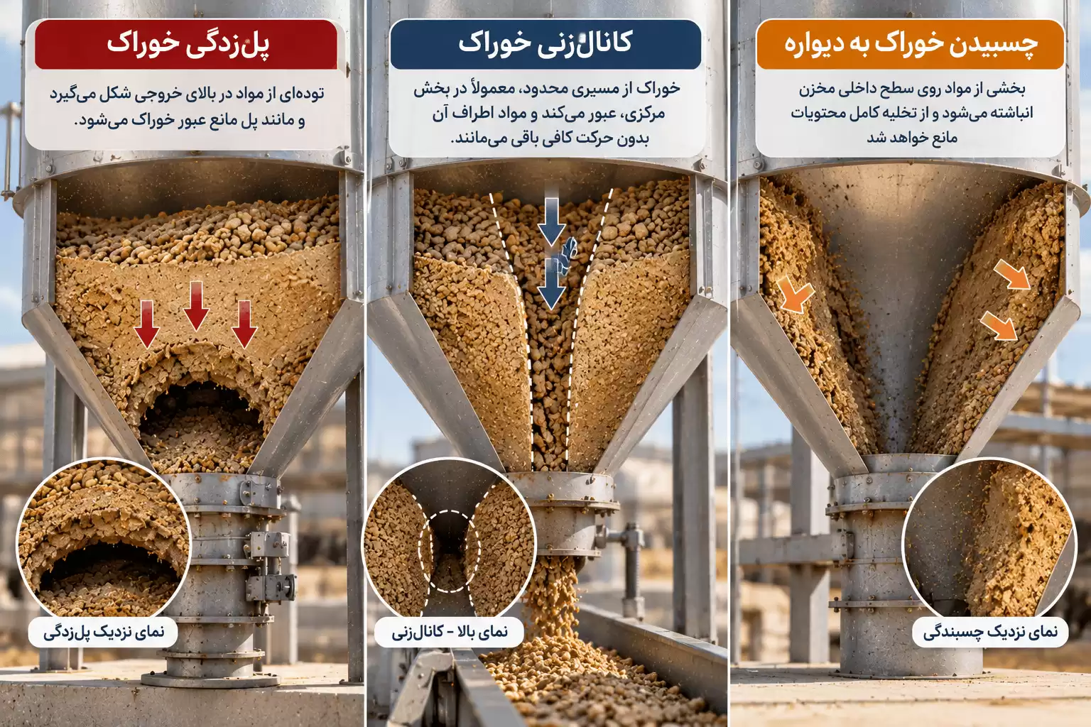 مقایسه سه نوع گرفتگی خوراک دام در هاپر شامل پلزدگی، کانالزنی و چسبیدن خوراک به دیواره